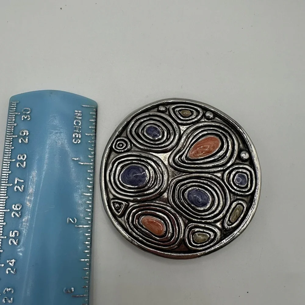 VTG Silver Tone Round Belt Buckle Purple Coral Enamel Swirl Statement Boho Retro
